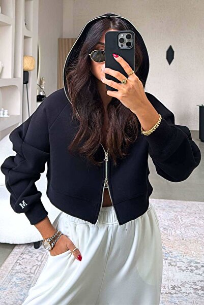 LUV STUDİOS CO Siyah Modal 3 İplik Şardonlu Kapüşonlu Fermuarlı Sweatshirt
