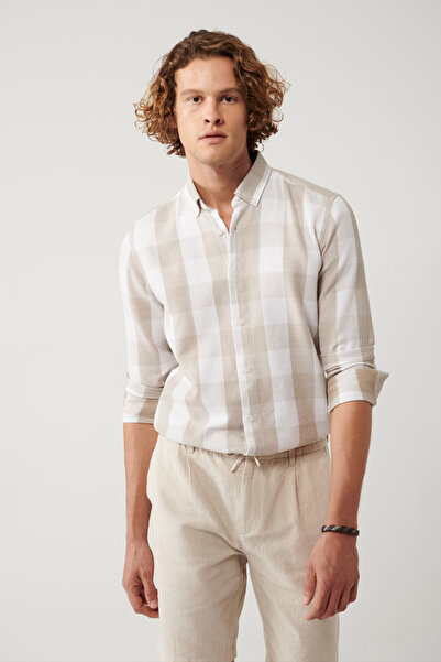 Avva Men's Beige 100% Cotton Button-Down Collar Cotton Plaid Textured Regular...