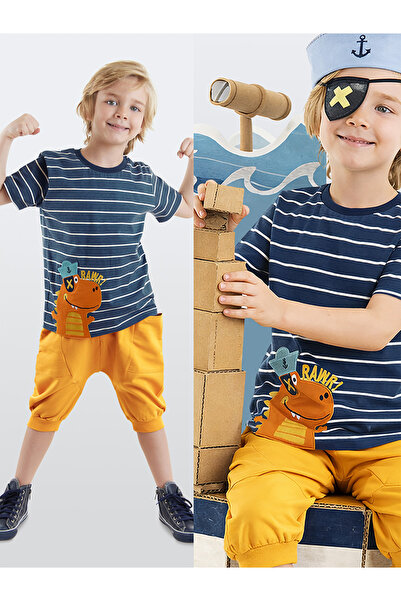 Denokids Αγορικό καλοκαιρινό κοστούμι - ριγέ μπλουζάκι Sailor Dino και σορτς ...