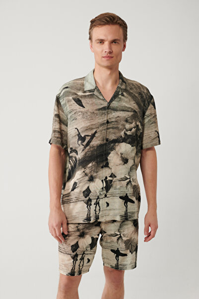 Avva Erkek Gri %100 Viskon Apaj Yaka Viskon Tema Desenli Kısa Kollu Oversize ...