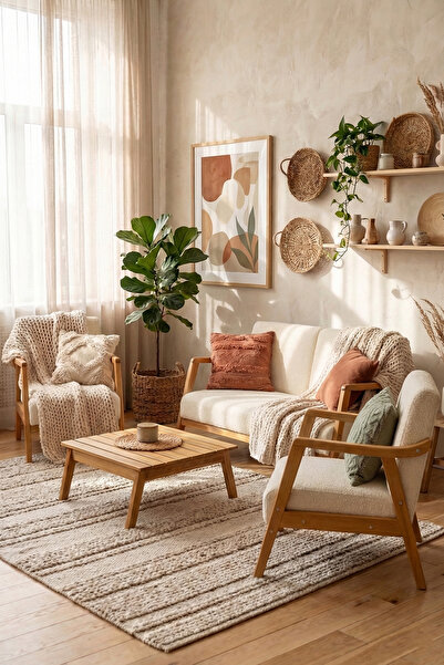 Zem Favela Bohem Çay Seti Natürel Ahşap, Kırık Beyaz (1 ADET IKİLİ BERJER 2AD...