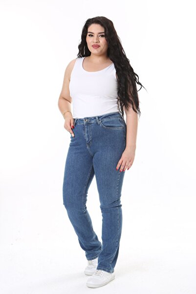 Şans Velika veličina Visok struk Sa likrom plave farmerke - 5 džepova 65N38119