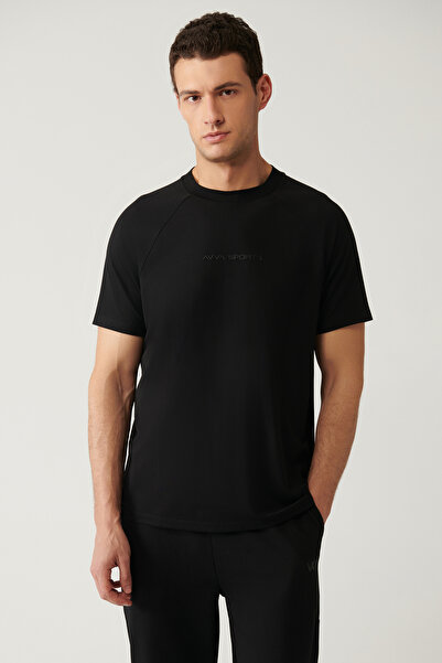 Avva Tricou negru pentru bărbați, cu decolteu rotund, imprimat, cu atingere m...