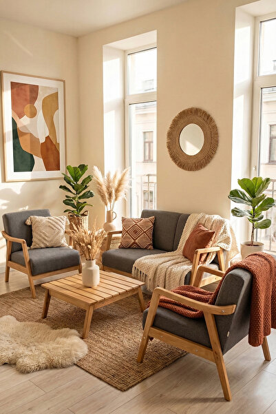 Zem Favela Bohem Çay Seti Natürel Ahşap, Gri (1 ADET İKİLİ BERJER 2 ADET TEKL...