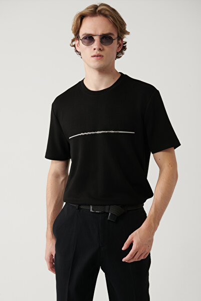 Avva Muška crna okrugla kragna Štampano interlock regular fit majica T-shirt ...
