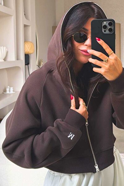 LUV STUDİOS CO سترة بني اللون مودال 3 شيرينغ ش مبطن بالصوف ك بغطاء رأس بسحاب