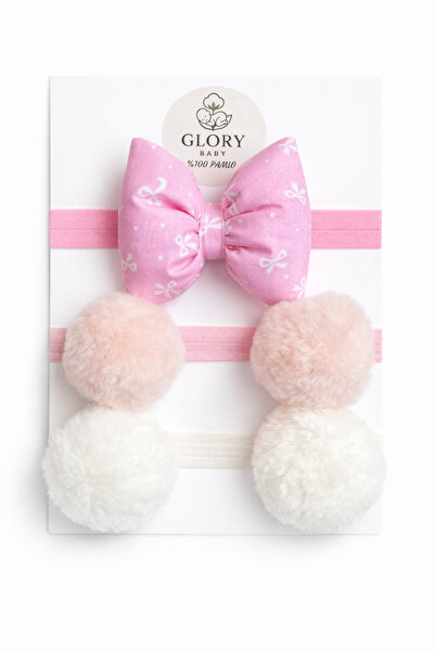 Baby Girl Bowknot & Pompom Bandana - Headband 3pcs Set