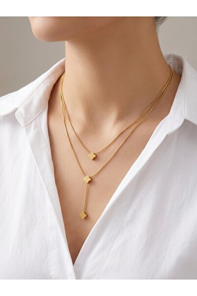 aurora dükkan قلادة على شكل ورقة البرسيم المزدوجة من الفولاذ الذهبي