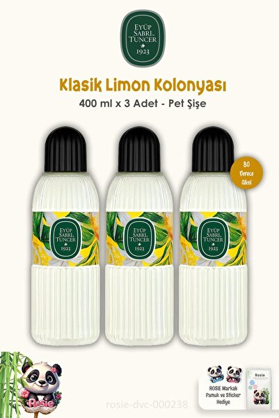 Eyüp Sabri Tuncer Klasik Limon Kolonyası 3'lü 80 Derece Pet Şişe 400 ml ve ROSIE