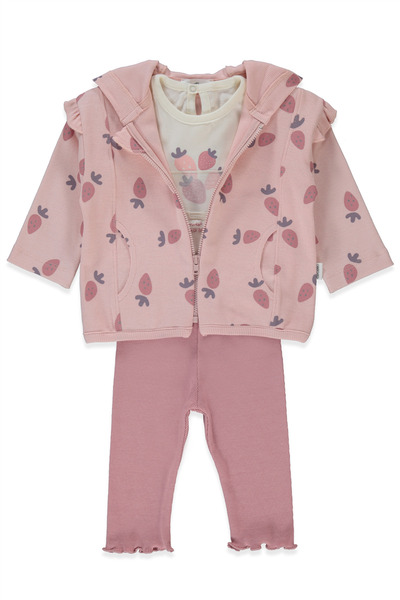 Bebetto Kaşkorse Hooded Cardigan 3-Piece Set (Strawberry) Dried Rose