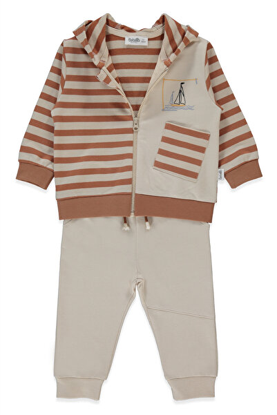 Bebetto طقم سترة بقلنسوة بخيطين مزدوجين من قطعتين (نيو روت) بيج