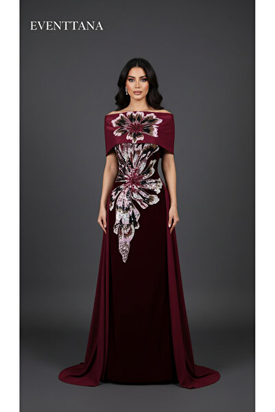 EVENTTANA فستان ايفنتانا شتوي جوخ عنابي مطرز بشال