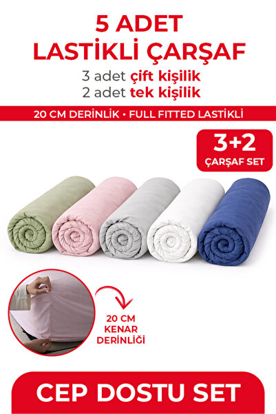 5 Adet Pamuklu Ranforce Lastikli Çarşaf - CEP DOSTU PAKET (3 Adet 160x200 + 2 Adet 100x200)
