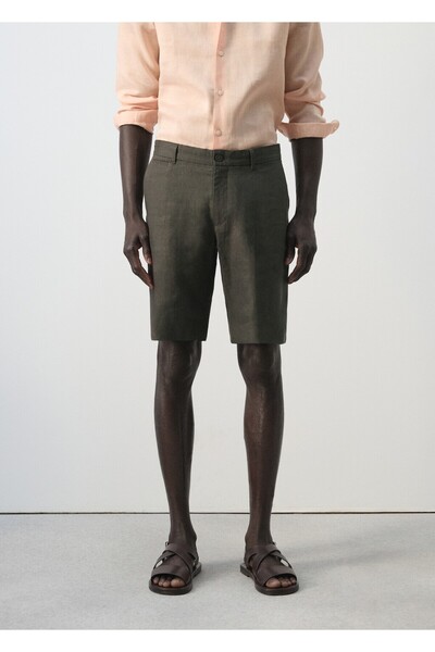 MANGO Man Dar kesim %100 keten bermuda şort