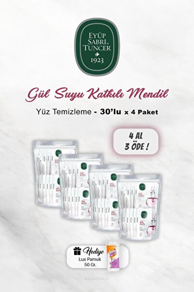 Eyüp Sabri Tuncer 4 AL 3 ÖDE Gül Suyu Yüz Temizleme Mendili 30'lu, Pamuk Hedi...