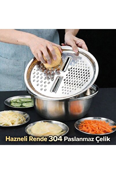 wishhome Paslanmaz Çelik Rende ve Sebze Hazırlama Kabı Çok Fonksiyonlu 24 cm