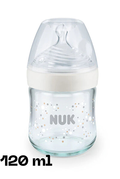 Nuk رضّاعة ناتشر سينس زجاج 120مل، بمؤشر حرارة ومقاس (S) للمواليد حتى 6 أشهر.