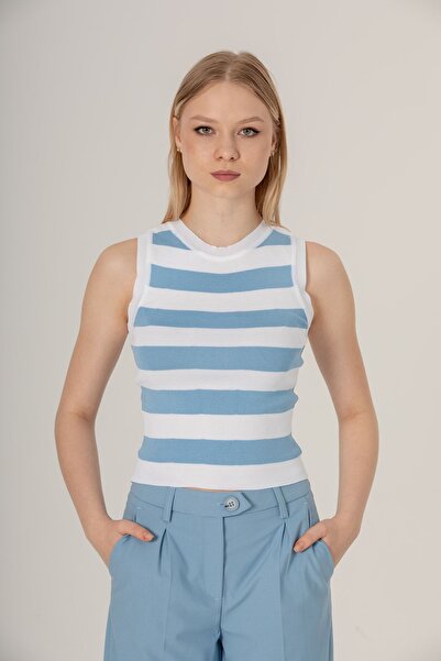 İLKCET MODA Tricotaj de damă cu dungi albastru deschis