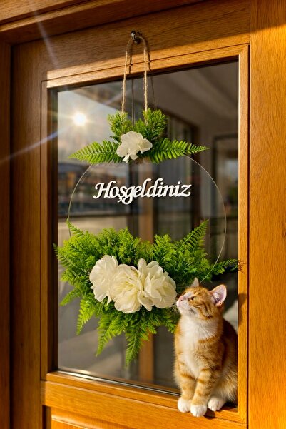 MACROMEKİDS Hoşgeldiniz Pleksi Kapı Süsü 30 cm Yapay Çiçekli El Yapımı Dekora...