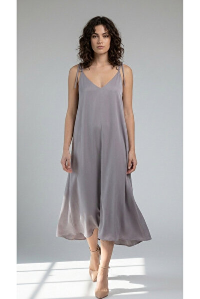Nostos Algos Gray Strappy Premium Midi Length V-Neck Dress