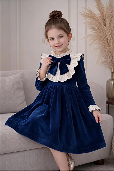 bright moon Girl's Silk Velvet Dress with Collar Detail