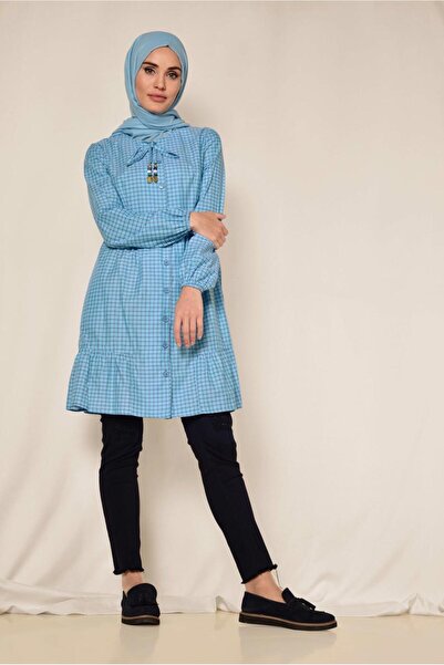 Alvina مربعة منقوشة الرقبة الدانتيل يصل بالون الأكمام تونك 4982