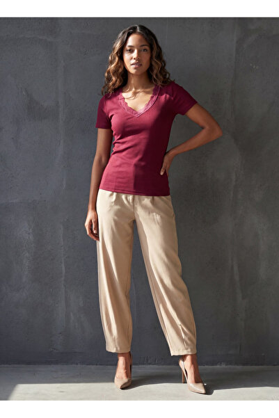 Madmext Burgundy V-izrez Čipka paket Slim fit ženska majica MG2683