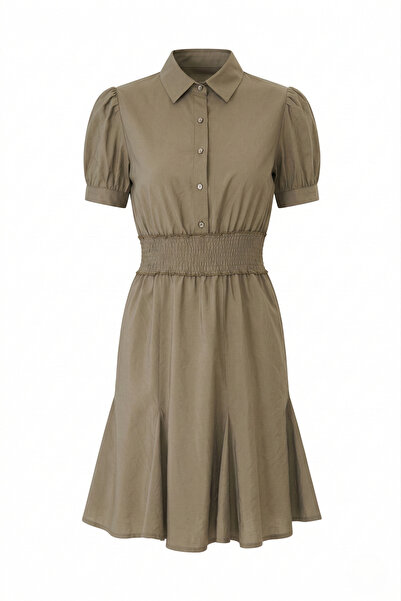 Sortie Women's Waist Pleated Balloon Sleeve Shirt Dress Khaki