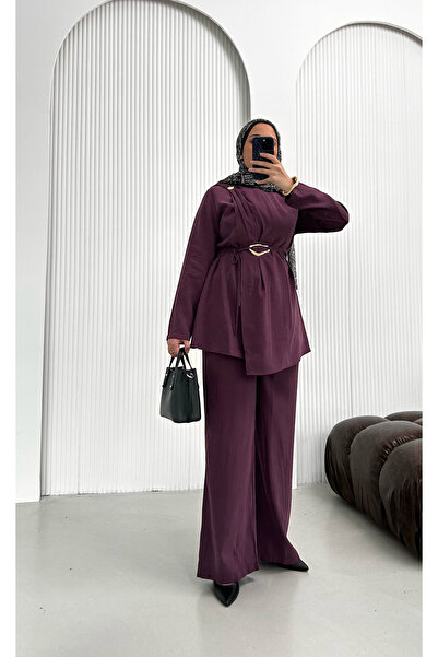 Alaise Broş Kemer Detayli Modal Takim Mürdüm