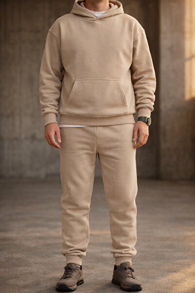 Souris Ανδρικό σετ αθλητικής φόρμας σε μπεζ χρώμα, άνετο κοψίμα, 3 κλωστές, ε...