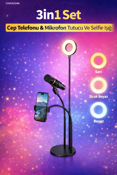 Coverzone 3in1 Youtube Set Cep Telefonu & Mikrofon Tutucu Ve Selfie Işığı