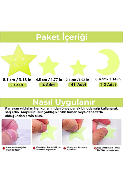 Giraffe PK Sticker 50 Adet Karanlıkta Parlayan Fosforlu Ay Ve Yıldız Tasarımlı Dekoratif Sticker