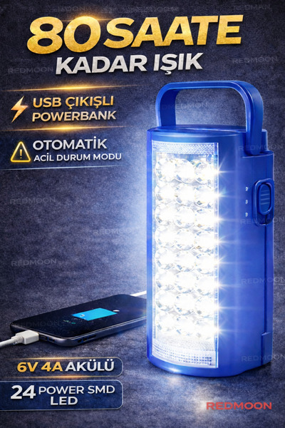 REDMOON Şarjlı Kamp Feneri–24 SMD LED–6V 4Ah Akü–USB Powerbank–Acil Durum Lam...
