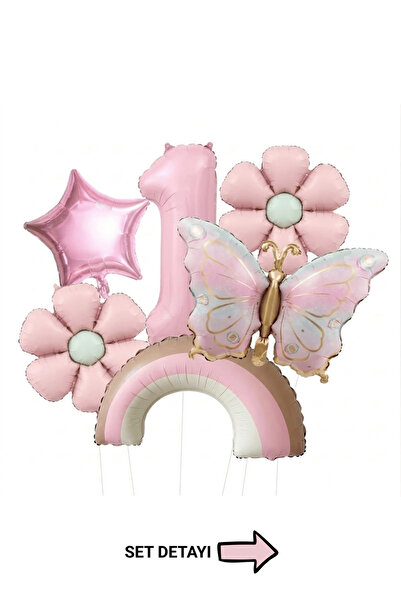 Bunloon 1 Yaş Retro Pembe Papatya Gökkuşağı Kelebek Temalı Balon Set