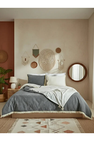 NDC HOME Σετ Παπλωματοθήκη Μονό Λινό Διπλό Χρώμα Φούντες (Ανθρακί - Κρέμα)