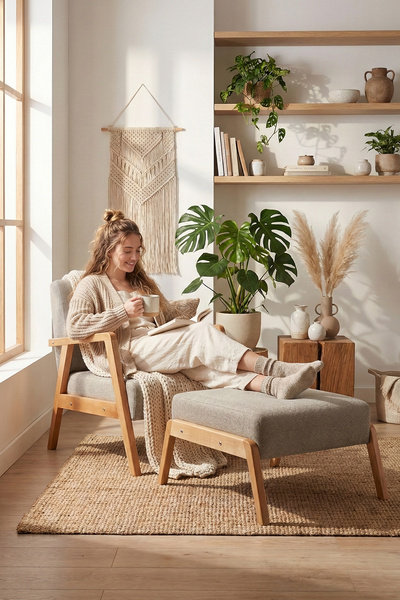 Zem Pavia Çay Seti Natürel Ahşap, Sütlü Kahve (1 ADET TEKLİ BERJER 1 ADET PUF)