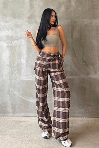 OKSOCOLLECTİON Bsk Model Fular Detaylı Ekoseli Pantolon