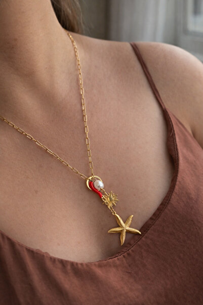 Owentis قلادة ستارفاست هيليا من الفولاذ الذهبي مع تفاصيل اللؤلؤ الباروكي - لا...