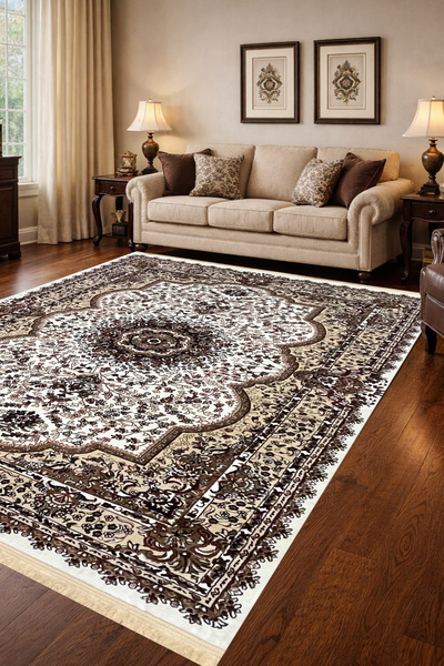 4 Square Meters - 6 Square Meters Modern Living Room Rug Soft Texture Antiallergic Silk Cream