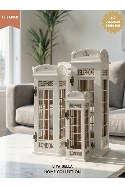 Liya Bella Dekoratif London Telefon Kulübesi Fener Mumluk – 3’lü Set