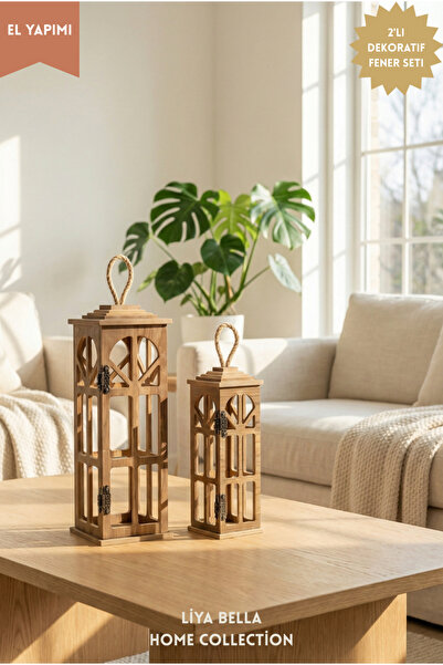 Liya Bella 2’li Ahşap Dekoratif Fener Seti – Rustik Mumluk Ev Balkon Bahçe De...