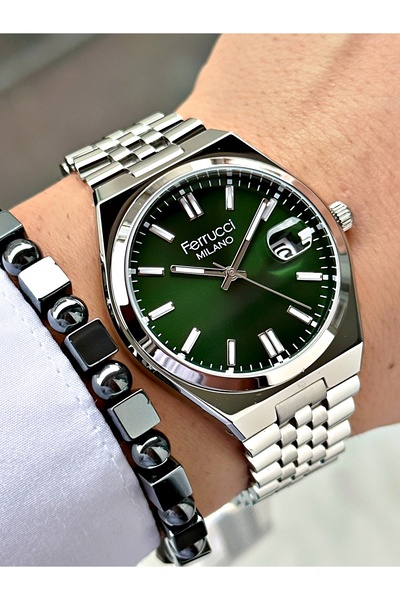 Ferrucci Yeşil Kadran Takvimli Erkek Kol Saati 3 Atm Su Geçirmezlik Gümüş Gri...