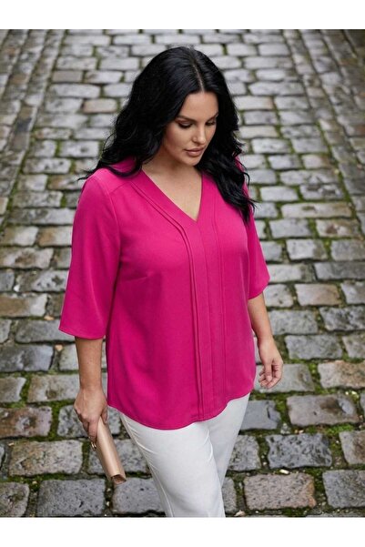Hanezza Büyük Beden Şık V Yaka Nervur Detaylı Jessica Krep Bluz