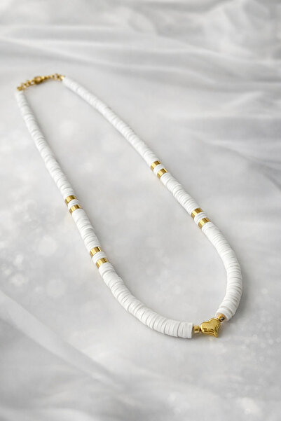 HERCY Mini Kalpli Beyaz Fimo Kolye | Beyaz Kolye | Altın Kaplama Kolye | Kalp...