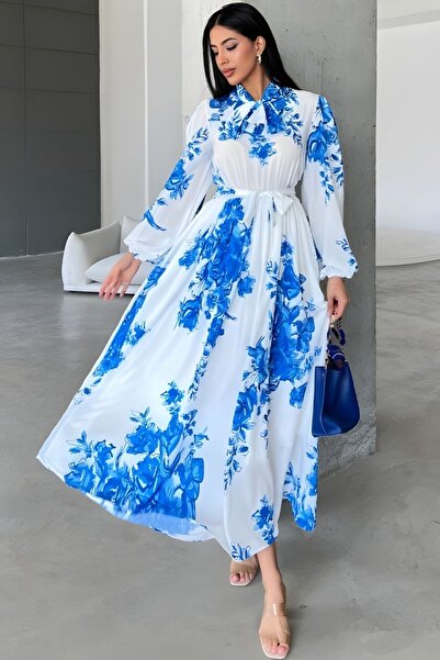 Hiccup MSN Kemerli Çiçek Desenli Gömlek Yakalı Maksi Elbise