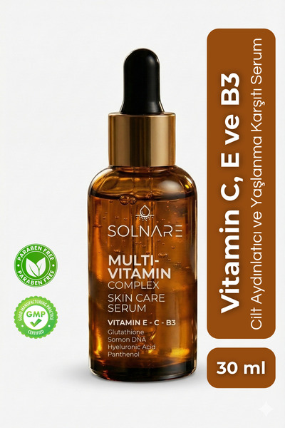 Solnare Aydınlatıcı Vitamin C, E ve B3 Serum, Leke Karşıtı, Nemlendirici ve B...