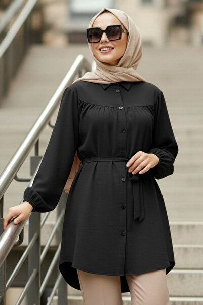 N.S NEVA STYLE Buttoned Black Hijab Tunic 10184S