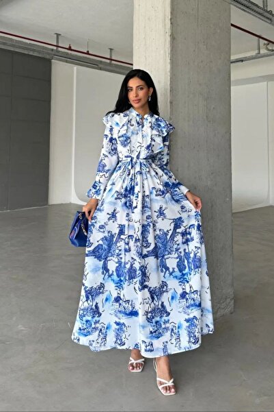 Hiccup Rochie maxi cu volane și imprimeu MSN, cu guler mandarin