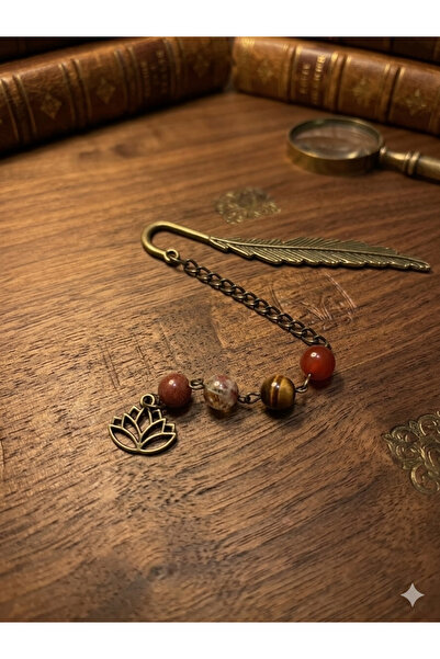 perfu atelier Lotus Detaylı Doğaltaş Metal Tüy Kitap Ayracı - Akik, Kaplangöz...