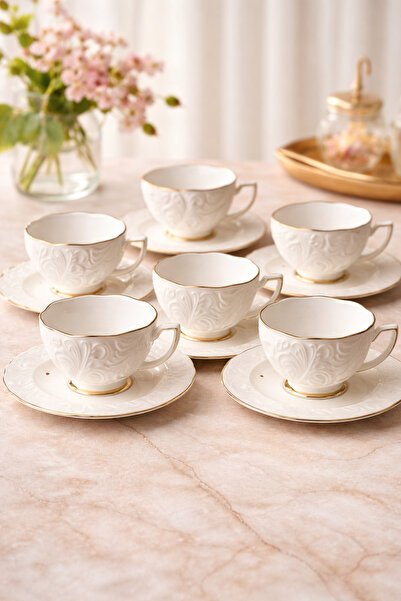 DOWRY STİL Kahve Fincanı 6 Kişilik 12 Parça Gold Yaldız